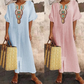 🔥-45%👗 Robe Longue Coton Froissé Femme – Col Décoratif Ethnique, Manches Courtes et Fente Latérale🤍 Robe ample texturée col brodé