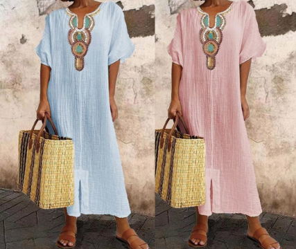 🔥-45%👗 Robe Longue Coton Froissé Femme – Col Décoratif Ethnique, Manches Courtes et Fente Latérale🤍 Robe ample texturée col brodé