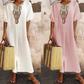 🔥-45%👗 Robe Longue Coton Froissé Femme – Col Décoratif Ethnique, Manches Courtes et Fente Latérale🤍 Robe ample texturée col brodé