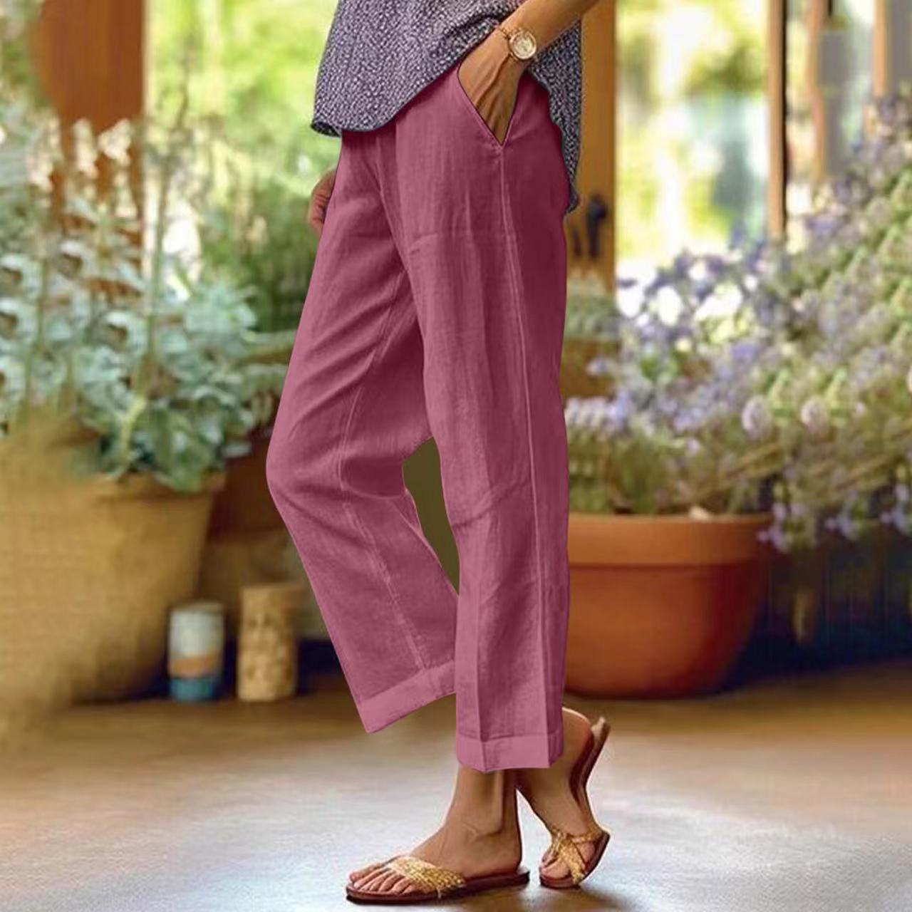 ⏳Offre à durée limitée⏰Pantalon décontracté ample en coton et lin, à taille élastiquée et poches