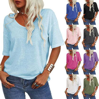 🔥2025 Summer Sale Half Price🔥T-shirt à col en V de couleur unie pour femmes