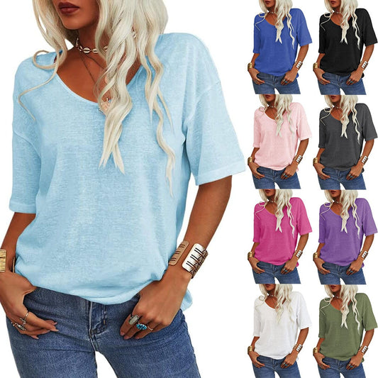 🔥2025 Summer Sale Half Price🔥T-shirt à col en V de couleur unie pour femmes