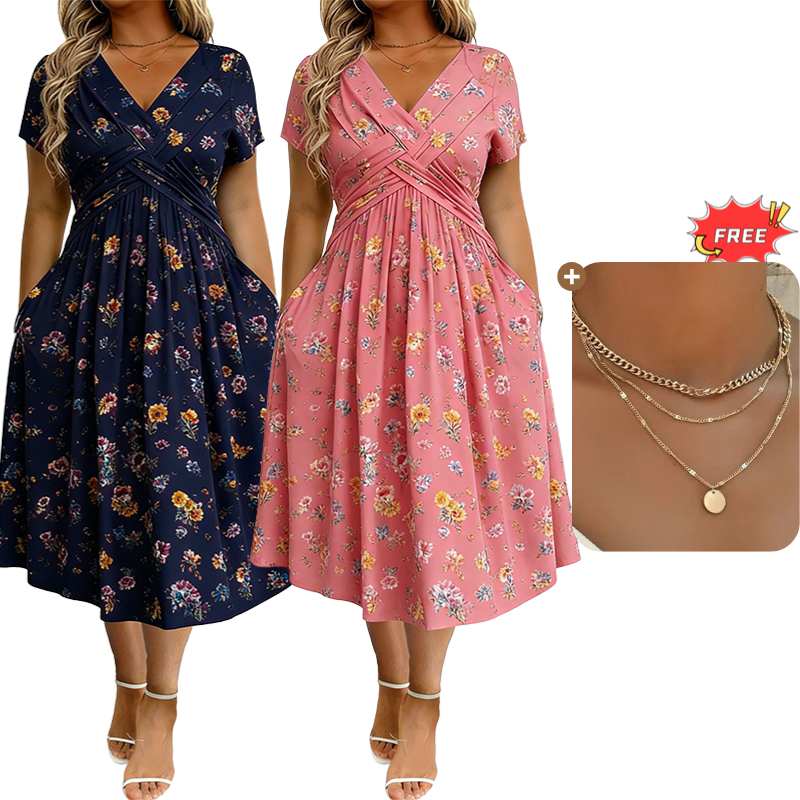 🌺👗Damenkleid mit V-Ausschnitt, Blumenmuster und gedrehter Taille