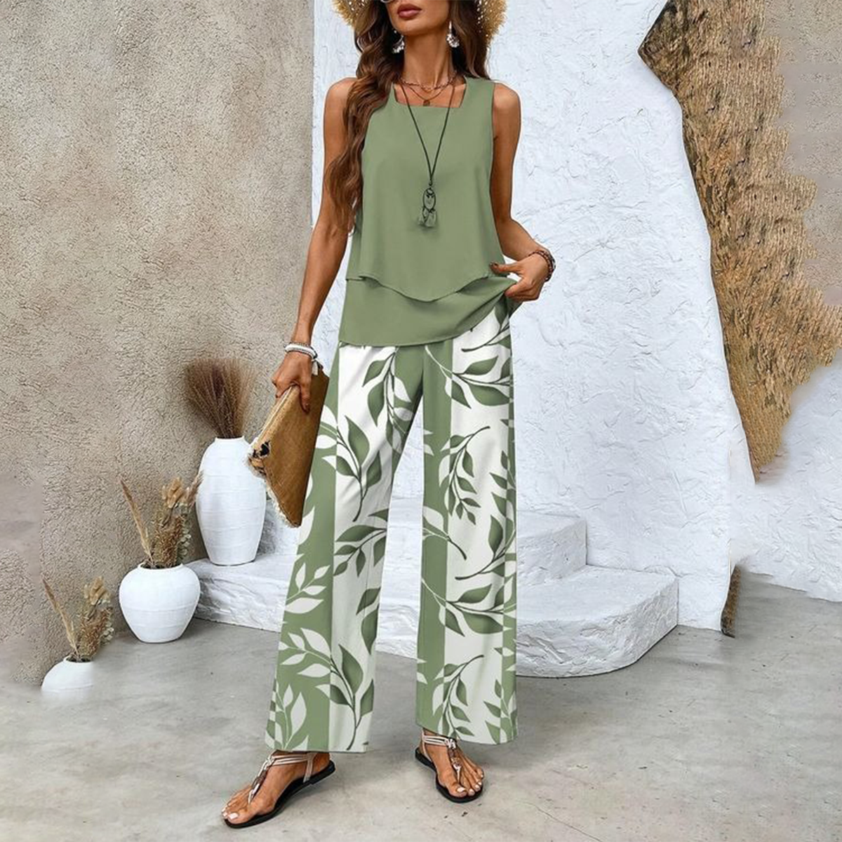 🔥 Hot Sale 50% OFF🌺Ensemble 2 pièces à imprimé tendance pour femmes - Top et pantalon sans manches