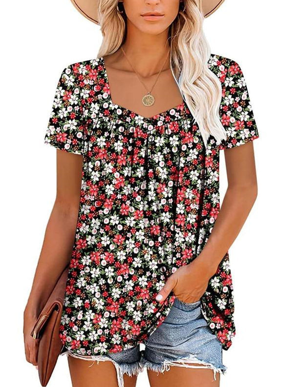 🌸Promotions d'été💗Manches courtes imprimées plissées d'été pour femmes