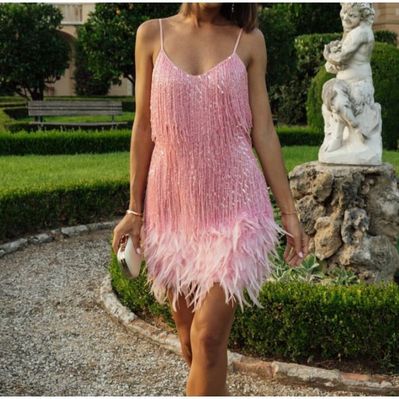 Robe à bretelles spaghetti à franges et paillettes pour femme