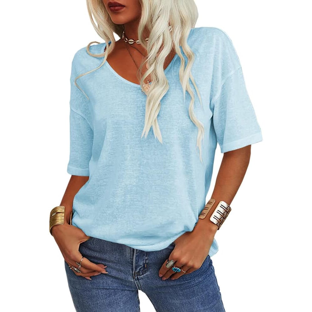 🔥2025 Summer Sale Half Price🔥T-shirt à col en V de couleur unie pour femmes