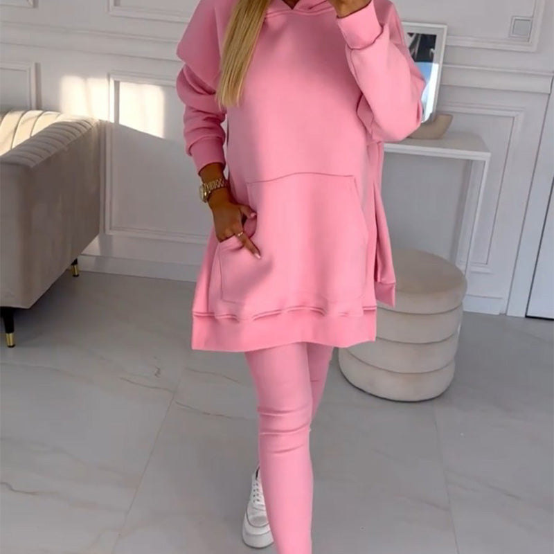 Ensemble deux pièces à capuche et legging doublé de couleur unie pour femmes