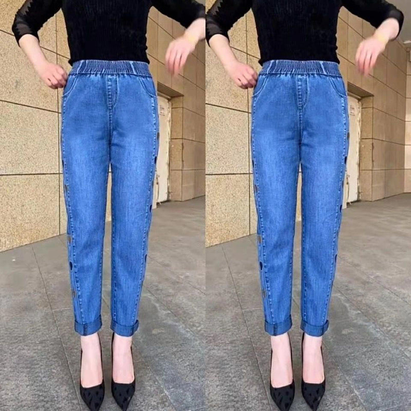 🔥Vente à chaud🔥Jeans brodés à motif de cœur à haute élasticité pour femmes