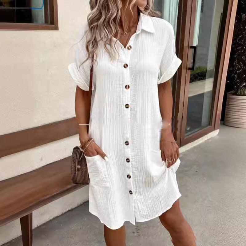 Robe chemise boutonnée à manches courtes et à poches pour femmes