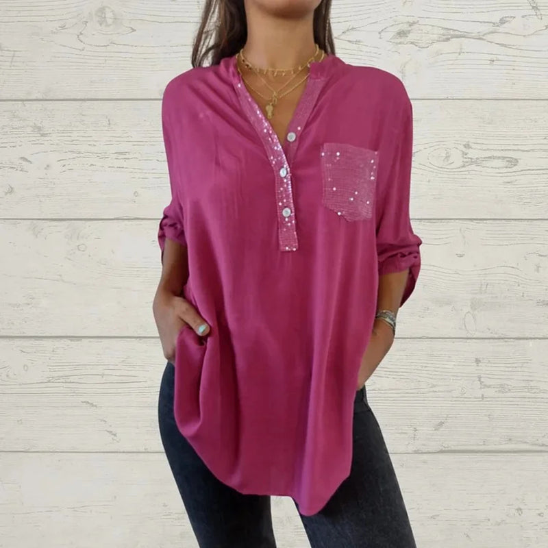 👩‍👧Fête des mères - 50% de réduction🔥Chemise à col en V avec patchwork de paillettes pour femmes