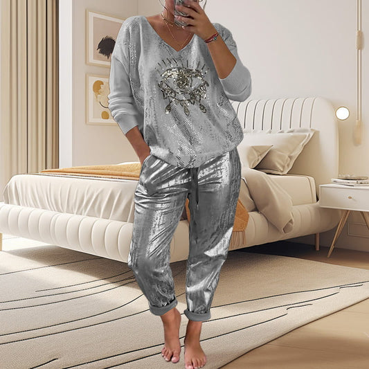 Ensemble 2 pièces pour femmes : ensemble haut en feuille d'or et pantalon à paillettes Devil's Eye