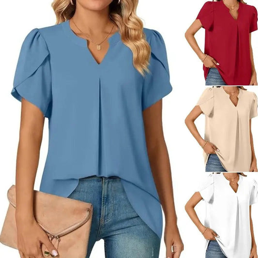 Haut à Manches Courtes de Couleur Unie à Col en V pour Femmes