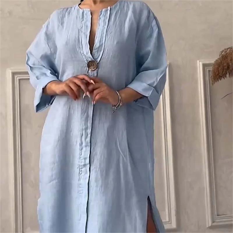 👗Robe décontractée et respirante de couleur unie avec manches 3/4 et col en V