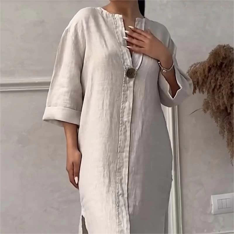👗Robe décontractée et respirante de couleur unie avec manches 3/4 et col en V