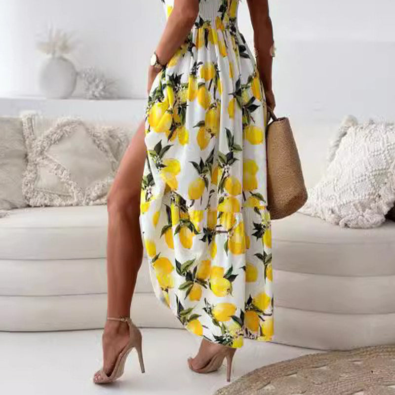 💕Robe longue élégante à bretelles spaghetti et imprimé citron pour femmes