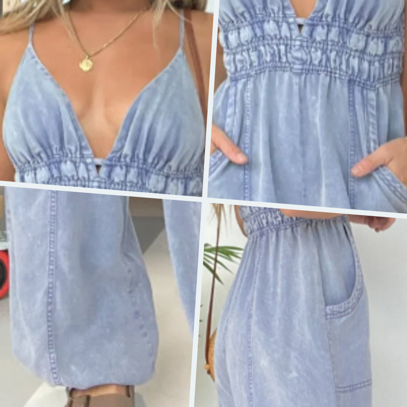 ⏰Offre à durée limitée🔥Combinaison en jean à col en V profond pour femme