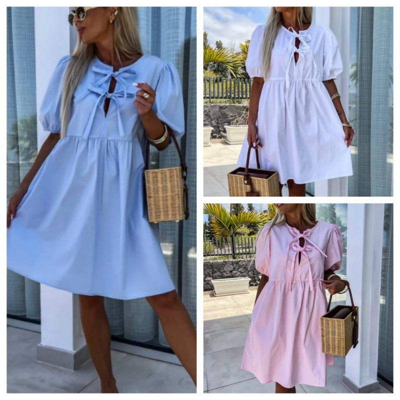 robe de femme unie à la mode avec nœud sur le devant et manches bouffantes