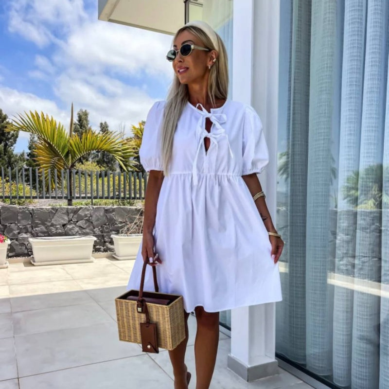 robe de femme unie à la mode avec nœud sur le devant et manches bouffantes