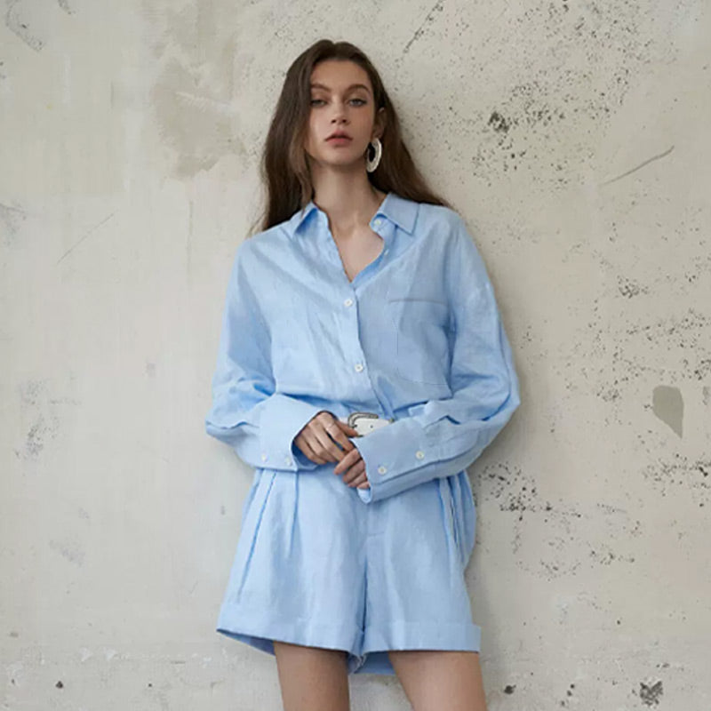 Ensemble 2 Pièces Décontracté : Chemise à Col à Revers et Shorts de Couleur Unie