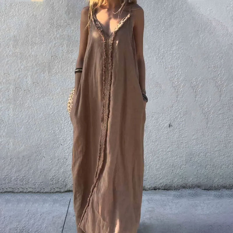 ✨Promotions saisonnières - Maxi robe femme col V à bretelles spaghetti