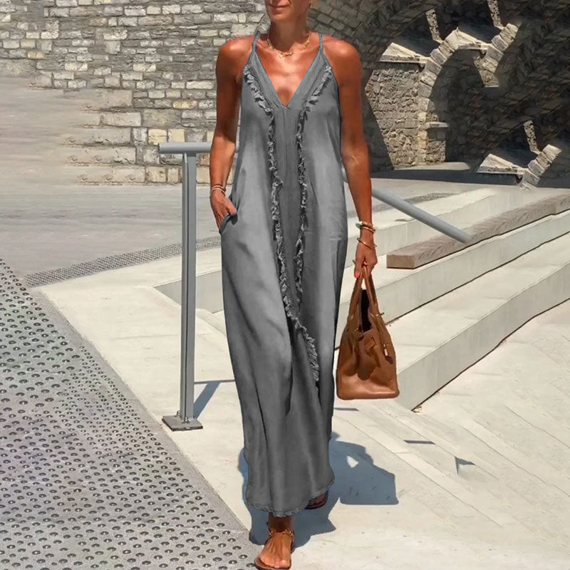 ✨Promotions saisonnières - Maxi robe femme col V à bretelles spaghetti