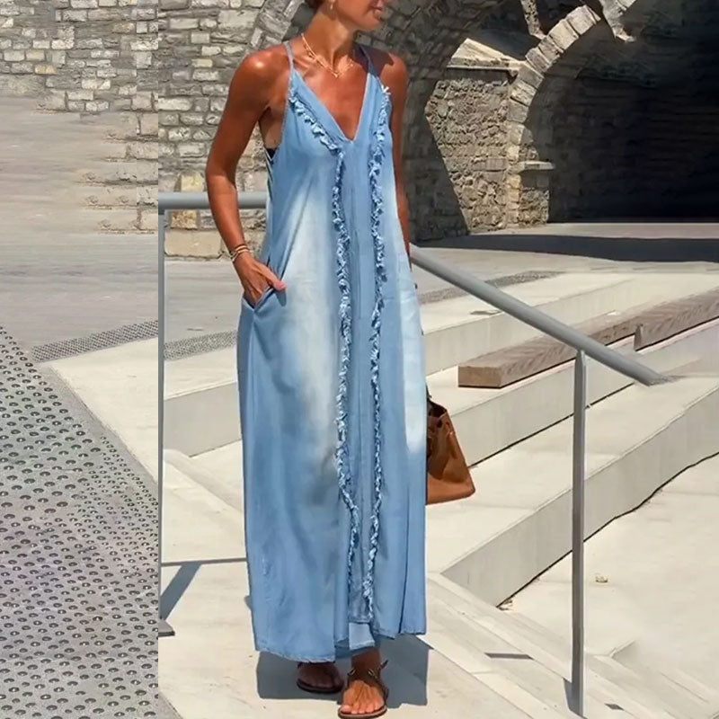 ✨Promotions saisonnières - Maxi robe femme col V à bretelles spaghetti