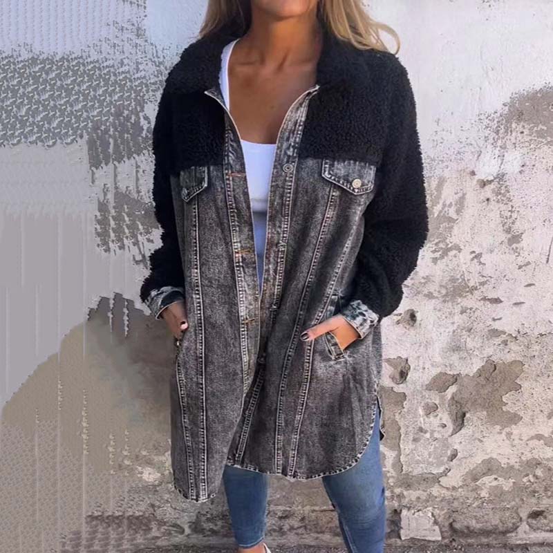 🍂Réduction d'automne 52%🍂Veste chemise longue en denim doublée de sherpa pour femme