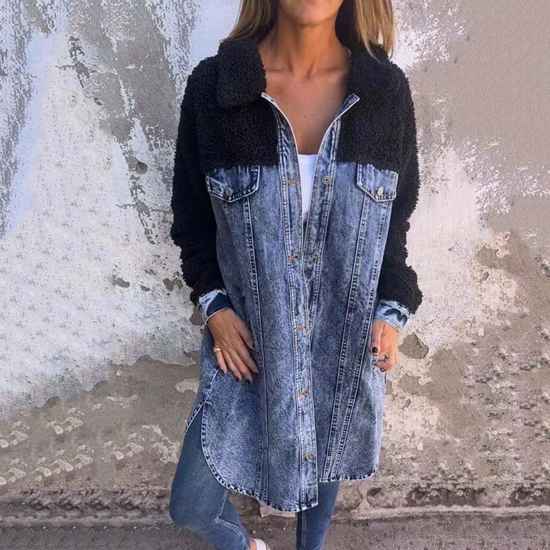 🍂Réduction d'automne 52%🍂Veste chemise longue en denim doublée de sherpa pour femme