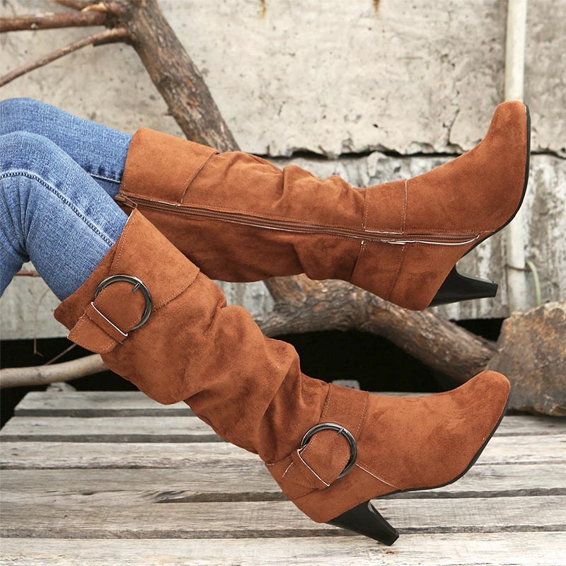 Bottes à bout rond et froncées pour femmes, montant jusqu'aux genoux