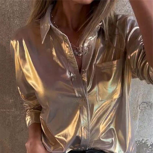 Chemise en Cuir Métallisé Brillant avec Boutons pour Femmes