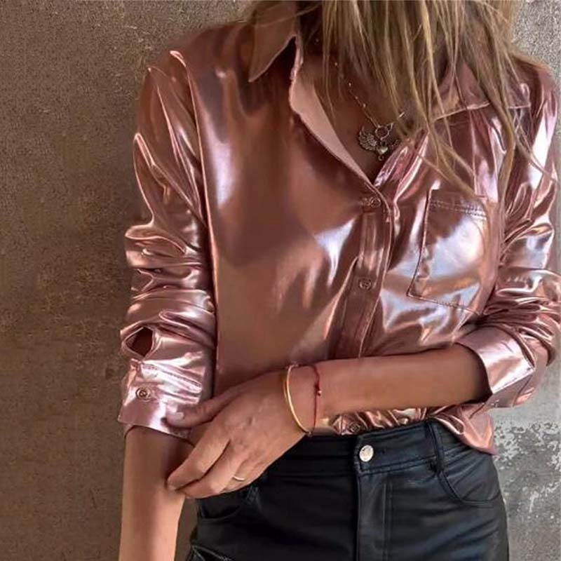 Chemise en Cuir Métallisé Brillant avec Boutons pour Femmes