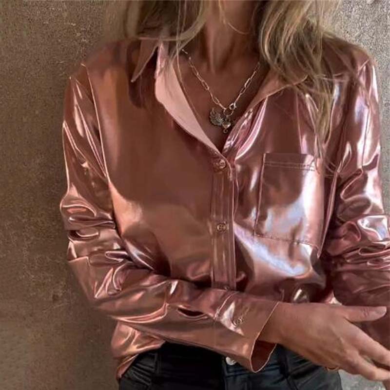 Chemise en Cuir Métallisé Brillant avec Boutons pour Femmes