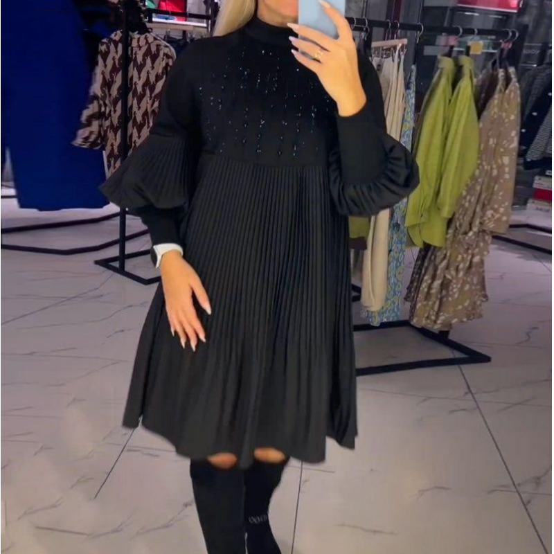 🌈Robe grande taille à manches lanternes et col haut pour femme 👗🌟Livraison gratuite