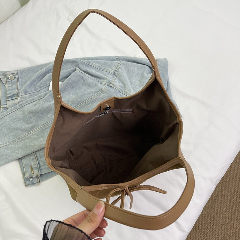 Sac Cabas Rétro en Simili Daim avec Décoration en Nœud pour Femmes