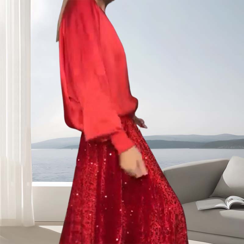 ✨Ensemble en coton mercerisé de haute qualité✨Ensemble deux pièces pour femme composé d'un haut à manches longues et d'une jupe longue à sequins.