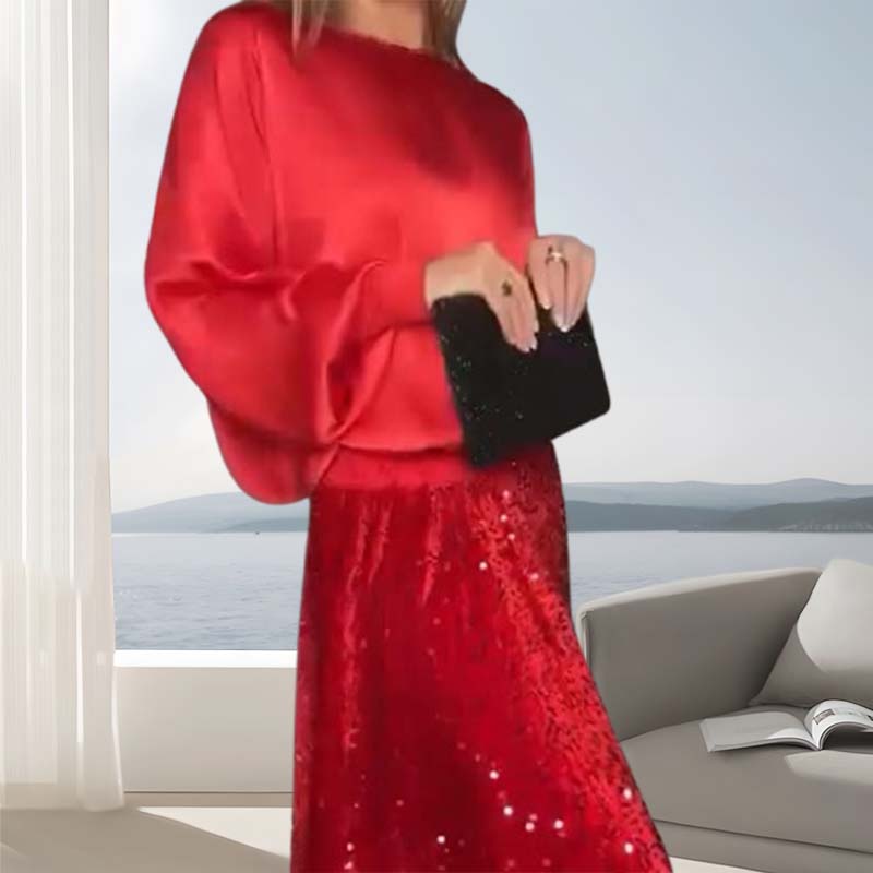 ✨Ensemble en coton mercerisé de haute qualité✨Ensemble deux pièces pour femme composé d'un haut à manches longues et d'une jupe longue à sequins.
