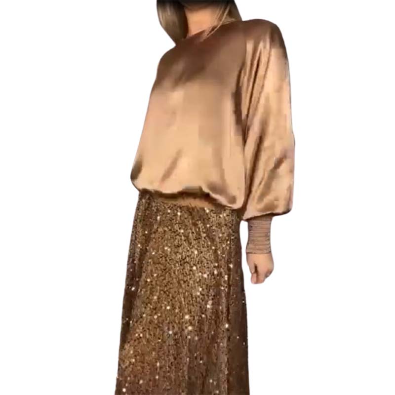 ✨Ensemble en coton mercerisé de haute qualité✨Ensemble deux pièces pour femme composé d'un haut à manches longues et d'une jupe longue à sequins.
