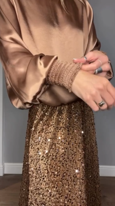 ✨Nouveauté✨Ensemble deux pièces haut à manches longues et jupe longue à paillettes pour femme