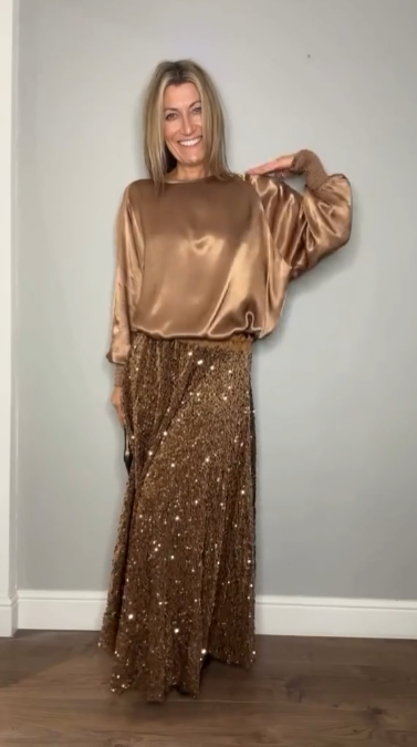 ✨Nouveauté✨Ensemble deux pièces haut à manches longues et jupe longue à paillettes pour femme