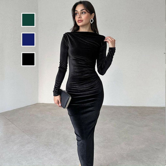 Robe Slim à Manches Longues en Couleur Unie à La Mode pour Femmes