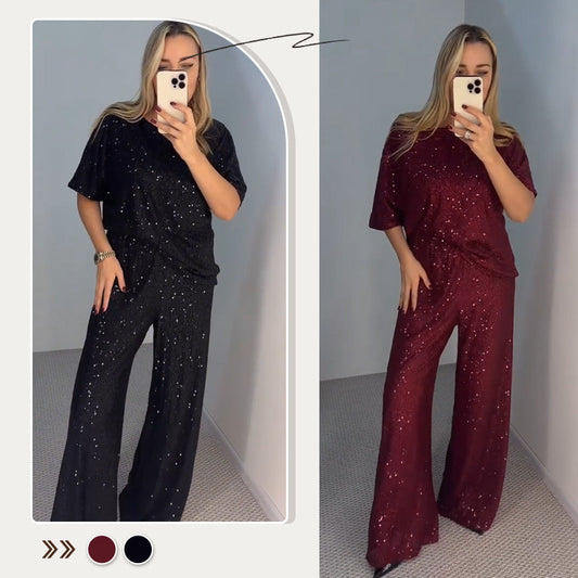 Haut ras du cou à paillettes et pantalon ample pour femme