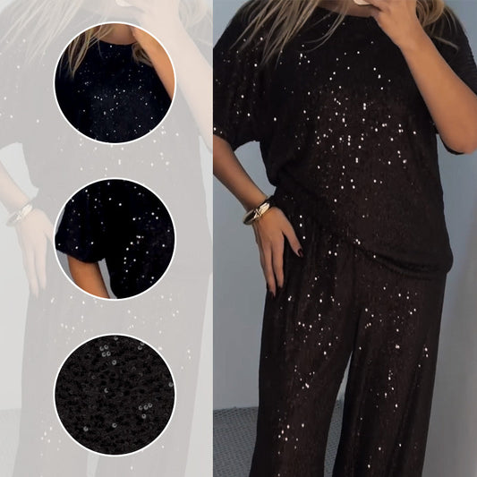 Haut ras du cou à paillettes et pantalon ample pour femme