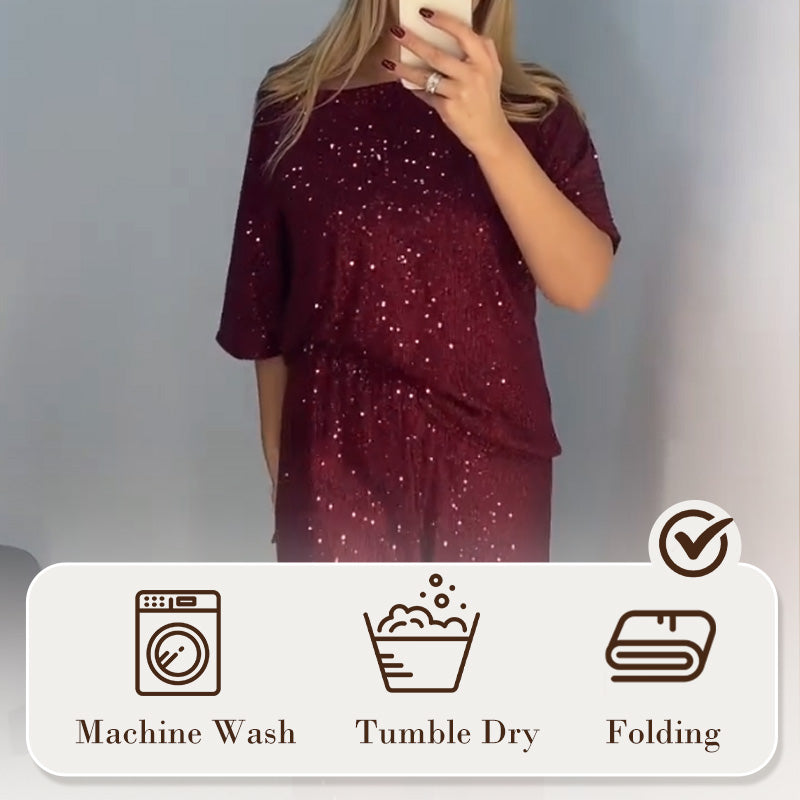 💥Nouvelle arrivée 2025 - Pré-vente💖Haut à manches longues à sequins pour femmes et pantalon large ✨