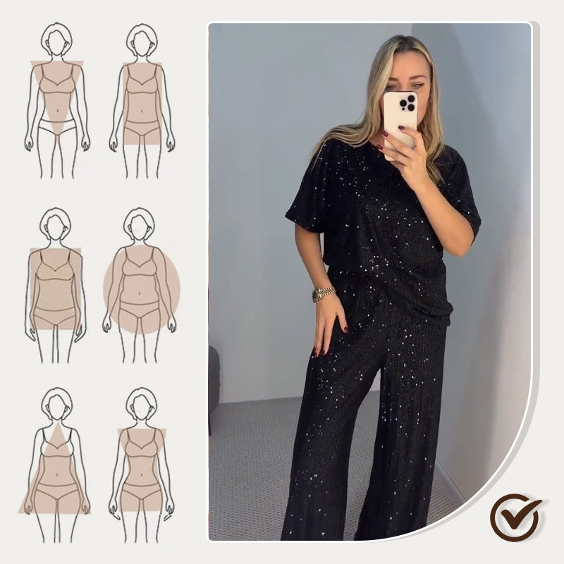 Haut ras du cou à paillettes et pantalon ample pour femme