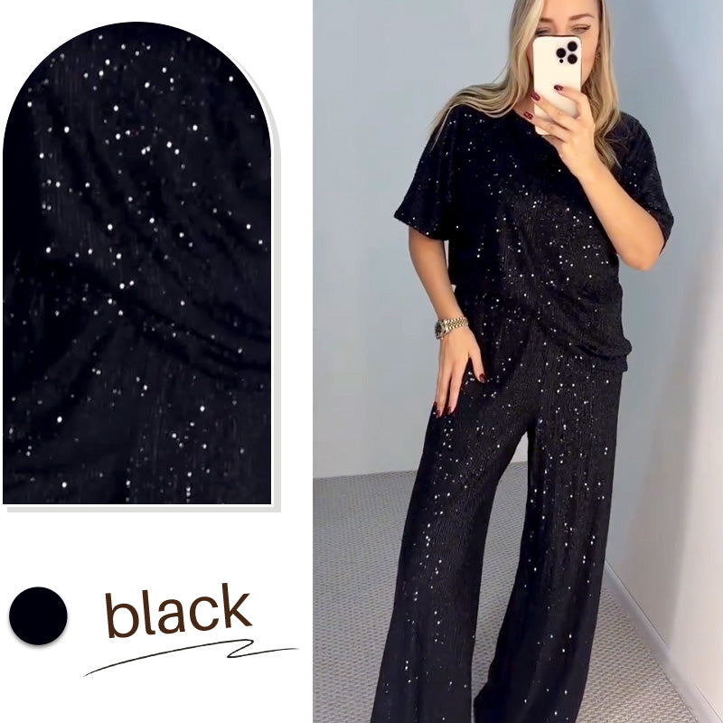 Haut ras du cou à paillettes et pantalon ample pour femme