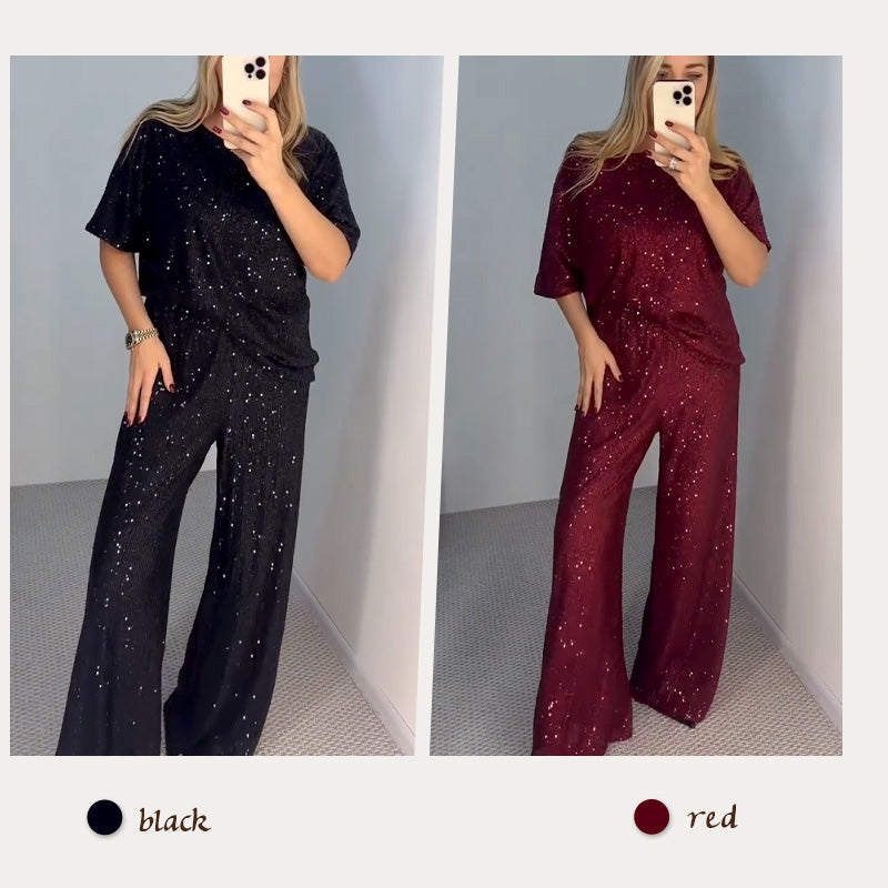 💥Nouvelle arrivée 2025 - Pré-vente💖Haut à manches longues à sequins pour femmes et pantalon large ✨