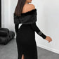 Robe mi-longue à épaules dénudées et col en peluche pour femme