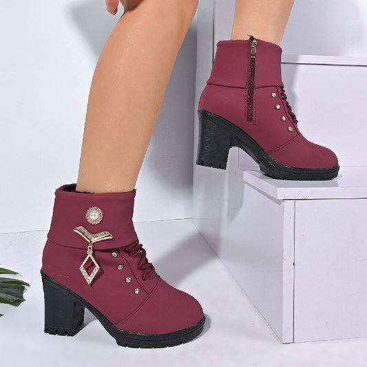 Bottines à talons épais pour femmes avec décorations en strass⚡Nouveautés Soldes - 50 % de réduction