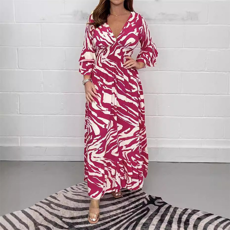 Robe à rayures zébrées et col en V, manches 3/4